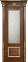Дверь со стеклом MONTE NAPOLEONE 005-1 V-ROMB наличник-пилястра №2 Шпон дуба тон 4 филенка - корень ясеня тон 4 PATINATO ORO