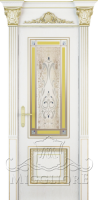 Дверь со стеклом MONTE NAPOLEONE 005-2 V-vitrazh-Мираж-2 наличник-пилястра №1 Эмаль белая на шпоне ясеня филенка - шпон ясеня PATINATO ORO