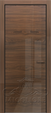 Дверь в квартиру GLOSS 18 G Глянец, шпон американского ореха нетонированный, алюминиевая черная кромка и черный алюминиевый  короб