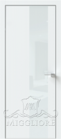 Дверь со стеклом QUADRO 9.09 алюминиевая кромка V-лакобель белый SILK ICE
