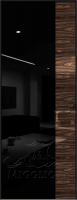 Деревянные двери VETRO MMR04 алюминиевая черная кромка, алюминиевый черный короб, V-лакобель черный, дизайнерский шпон Орех декор высокий глянец